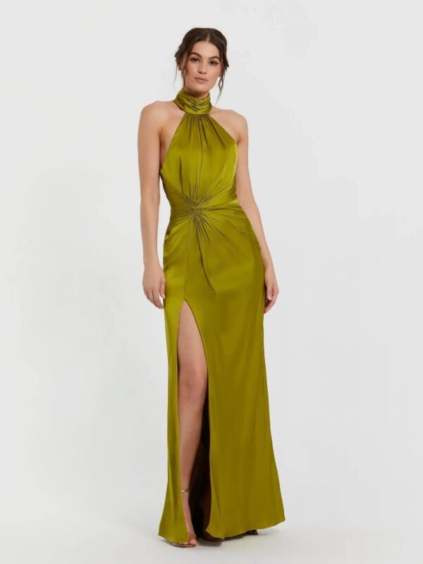 Petite Olive Open Back High Neck Side Ruched Gown