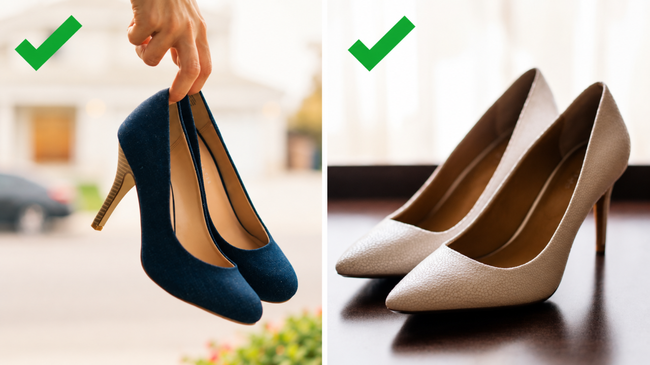 Side-by-side comparison of navy blue and nude pointed-toe heels with green check marks, showing flattering shoe styles for petite women.