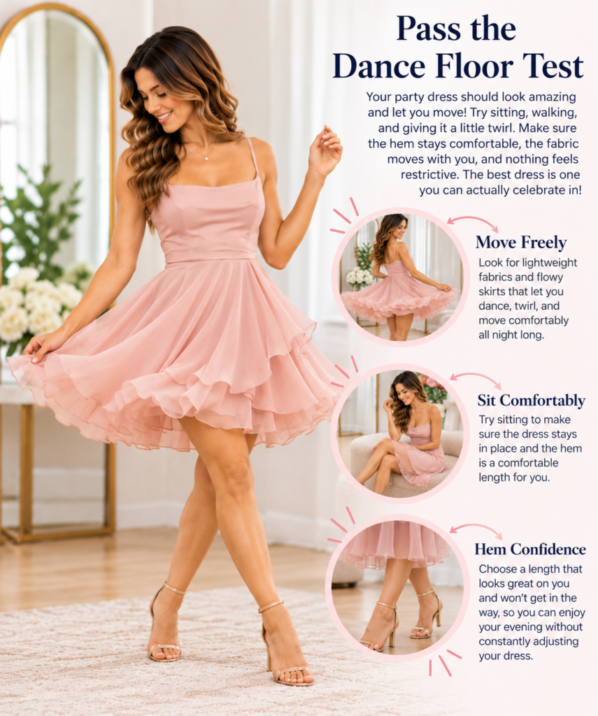 Woman twirling in a pink cocktail party dress with styling tips highlighting comfortable movement, sitting, and choosing the right hem length.