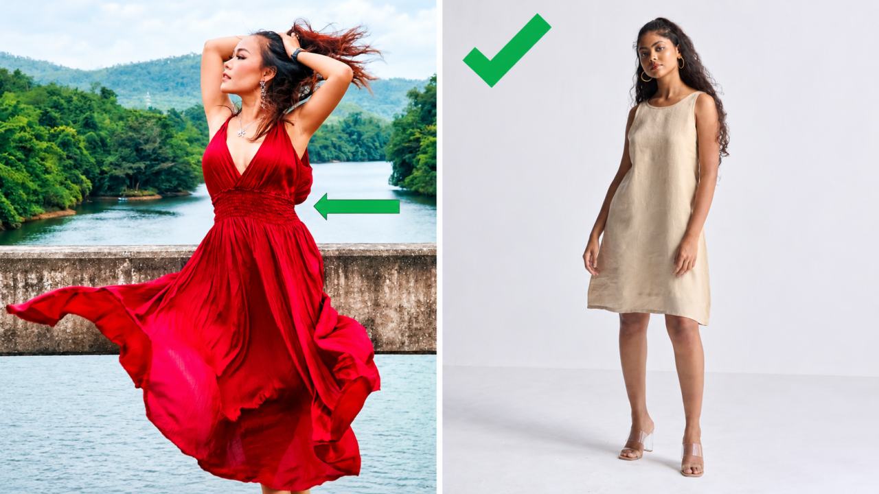 Two flattering dress styles for petite women: a red maxi dress with an elevated waistline and a simple beige above-the-knee dress with nude heels.