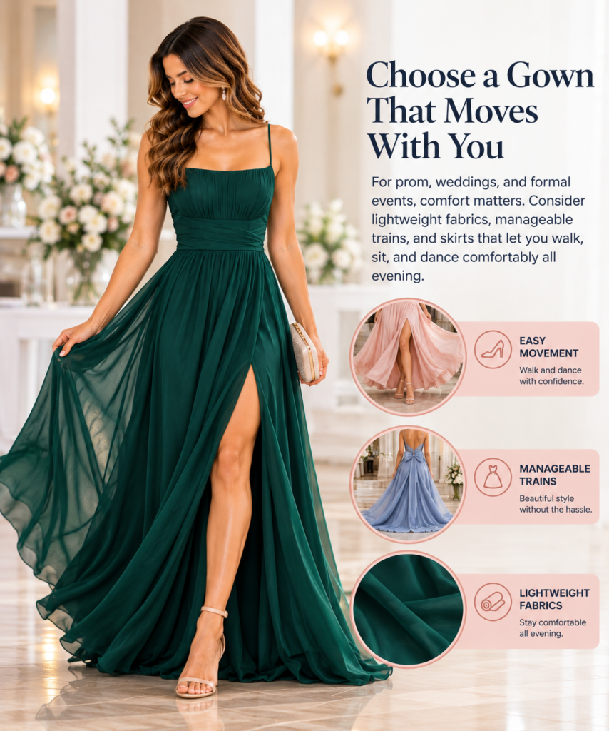 Woman wearing a flowing emerald green evening gown with petite formal dress shopping tips for easy movement, lightweight fabrics, and manageable trains.