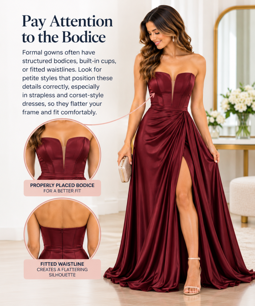 Petite formal dress fit guide showing a burgundy strapless evening gown with a structured bodice and fitted waistline.