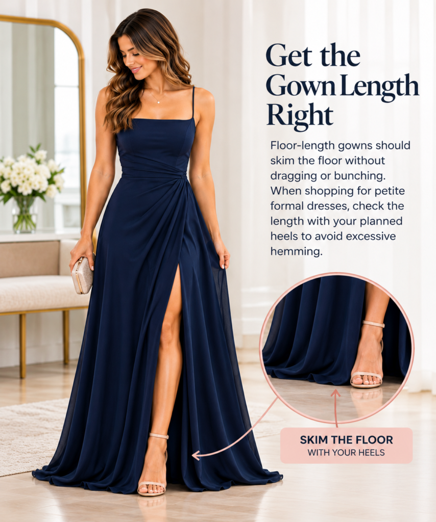 Petite woman wearing a floor-length navy evening gown with heels, showing how a formal dress should skim the floor.