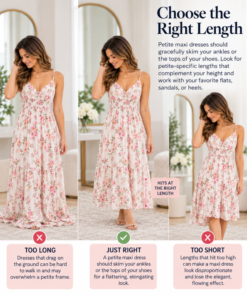 Petite maxi dress fabric guide comparing bulky layered dresses, lightweight flowing fabrics, and fitted styles to illustrate flattering proportions for petite women.