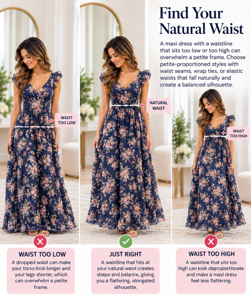 Petite maxi dress waistline guide comparing waist placements that are too low, at the natural waist, and too high on a floral maxi dress.