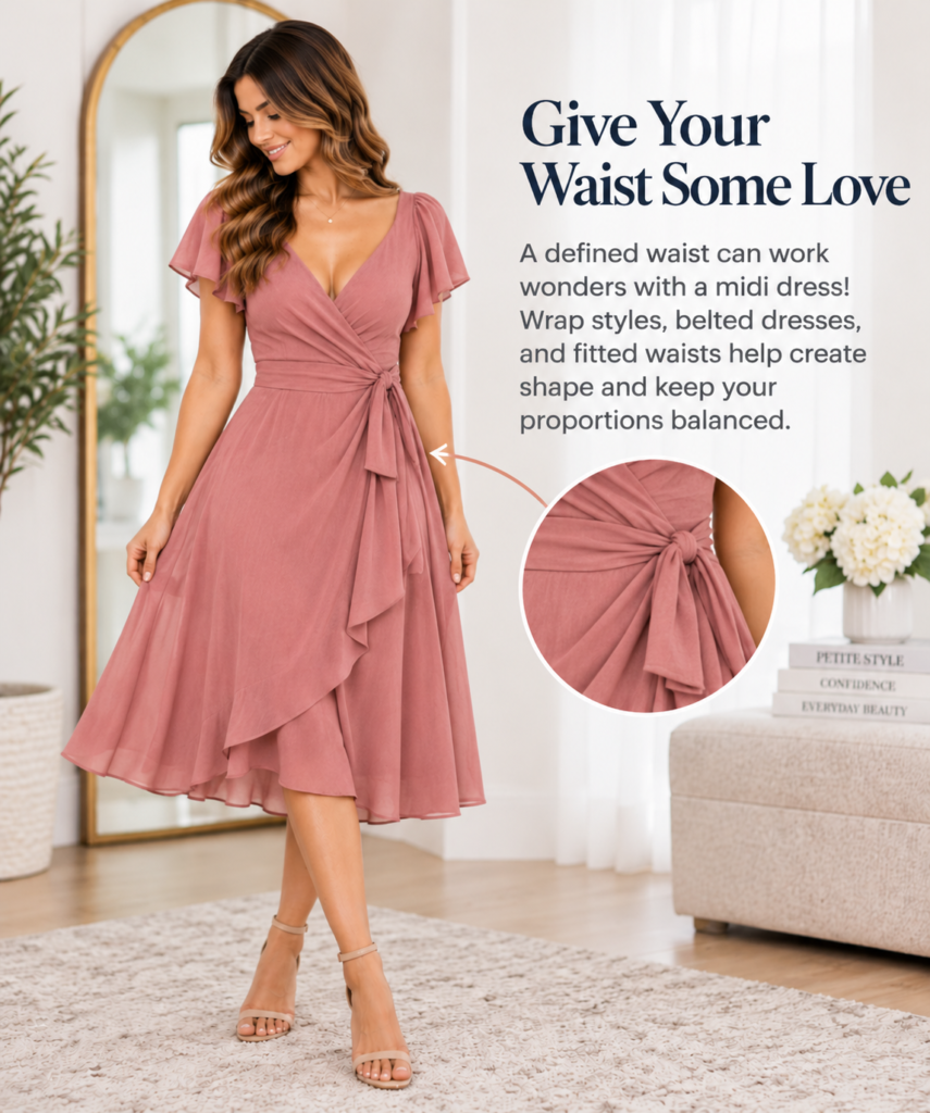 Woman wearing a dusty rose wrap midi dress with a defined waist and adjustable tie, showing a flattering fit for petite women.