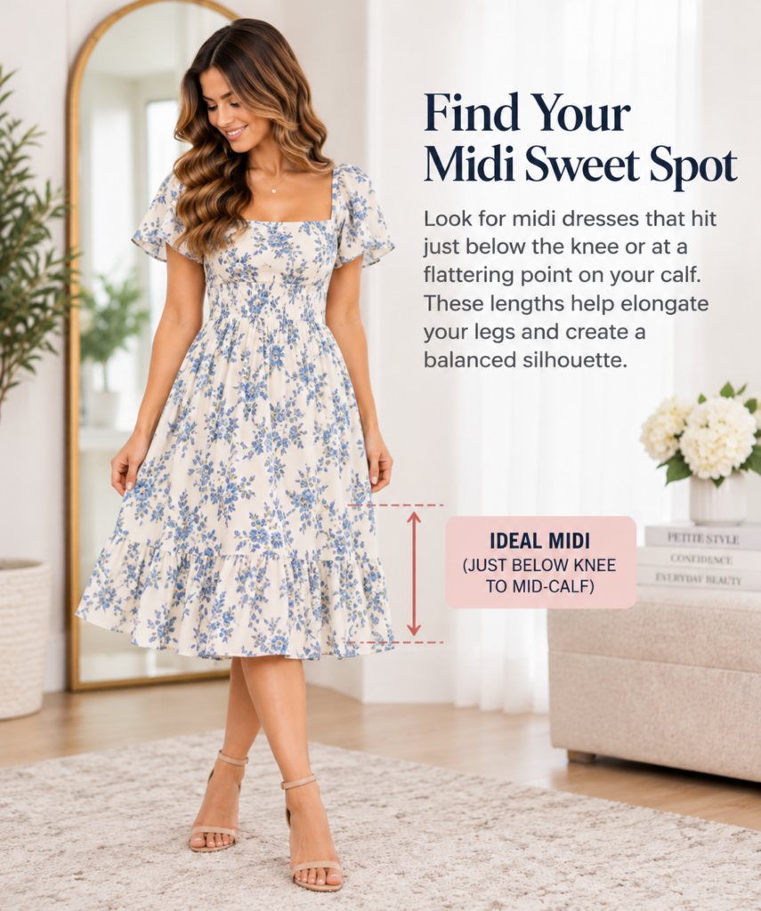 Petite woman wearing a blue floral midi dress showing the ideal hemline length for shorter women, just below the knee to mid-calf.
