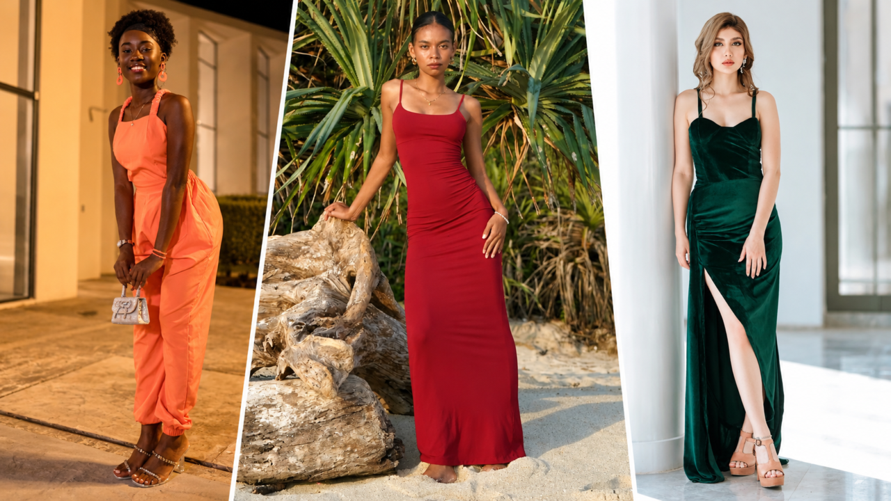 Three women wearing a coral jumpsuit, red maxi dress, and green gown with a slit, demonstrating monochromatic dressing and vertical styling.
